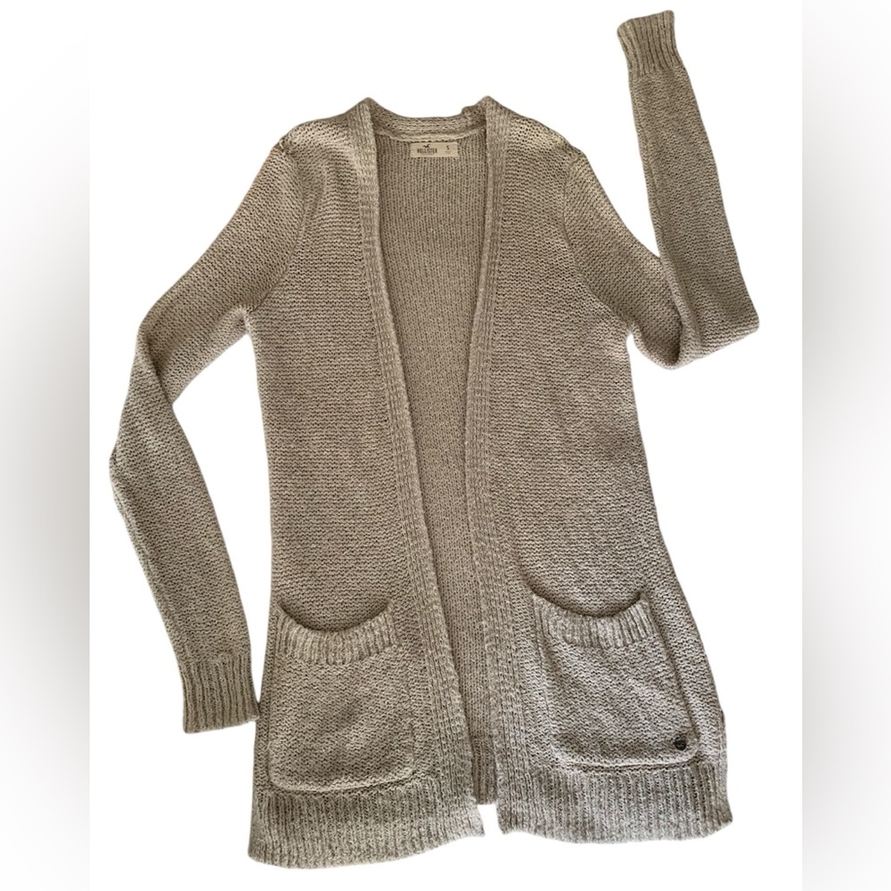 Hollister Cardigan Long Sweater Women’s S Oatmeal Tan Open Front Pockets Slouchy